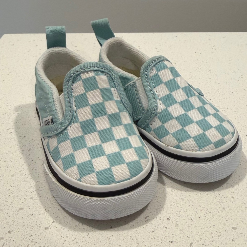 Vans Kids Slip-On Checkered Sneakers in Light Teal and White